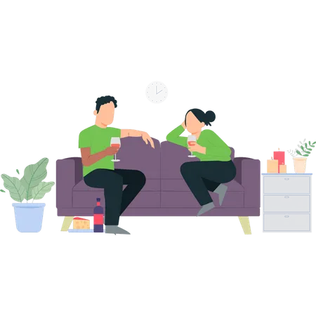 Couple drinking wine on couch Illustration