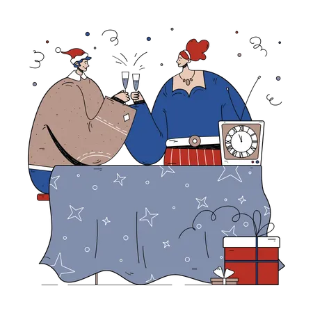 Couple drinking wine to celebrate Christmas  Illustration