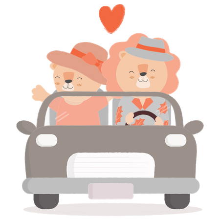 Couple driving a car with heart Illustration