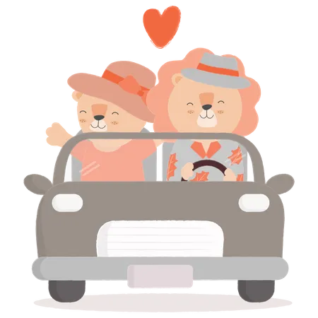 Two Cute Lion Couple Driving A Car With Heart Background Love On Back Illustration About Love And Valentins Day 일러스트레이션