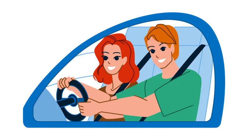 Couple Driving Vector Car Summer Road Travel Happy Vacation Trip Woman Man Young Journey Vehicle Couple Driving Character People Flat Cartoon Illustration Illustration