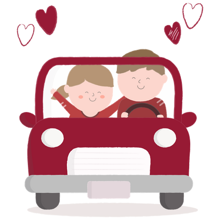 Couple driving car with heart Illustration