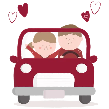 Two Cute Character Couple Driving A Car With Heart Background Love On Back Illustration About Love And Valentins Day 일러스트레이션