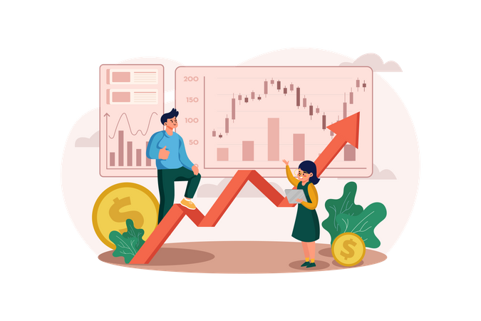 Couple earning profits from the stock market  Illustration