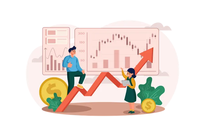 Couple earning profits from the stock market  Illustration