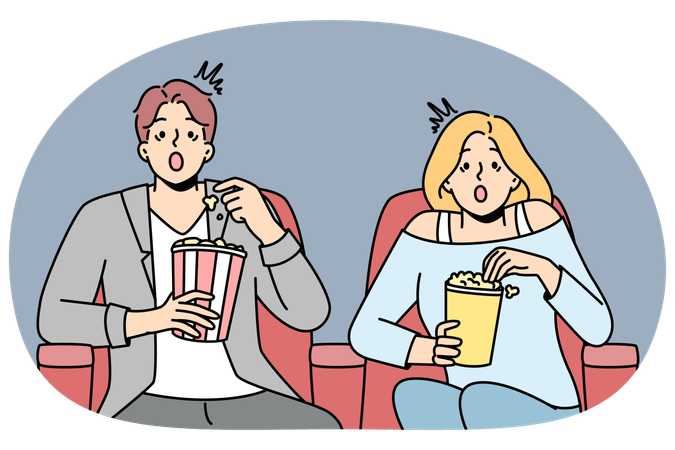 Couple eat popcorn sitting in cinema  Illustration