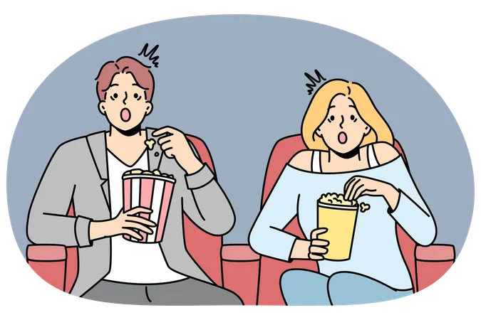 Couple eat popcorn sitting in cinema  Illustration