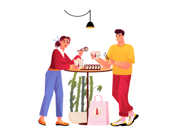 Couple eating at chinese restaurant  Illustration