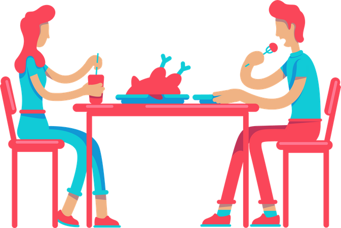 Couple eating chicken in dinner Illustration