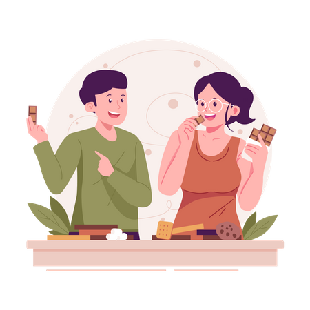 Couple eating chocolate and cookies Illustration