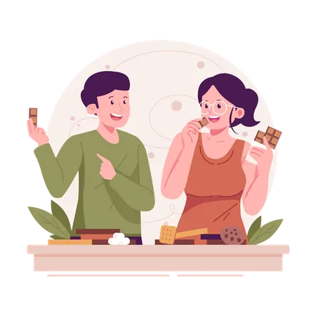 Couple eating chocolate and cookies  Illustration