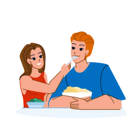 Couple Eating Vector Food Man Woman Happy Lunch Together Meal Couple Eating Character People Flat Cartoon Illustration Illustration