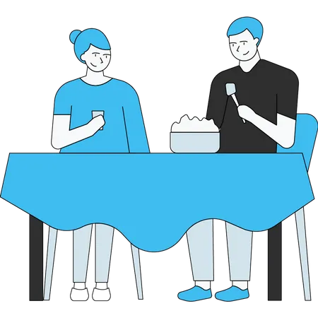 The Boy And The Girl Are Sitting At The Dinner Table With The Bowl Of Food Illustration