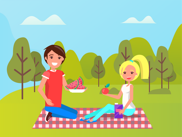 Couple eating fruit in Park  Illustration
