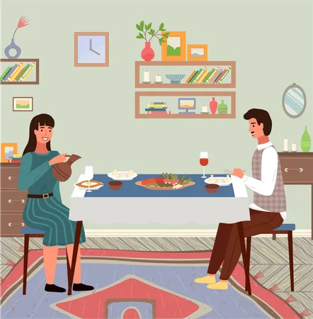 People Are Eating Georgian Food Couple Is Communicating Together About Caucasian Traditions Table With Khinkali And Adjarian Khachapuri People Are Having A Dinner At Home Girl Pouring Wine Illustration