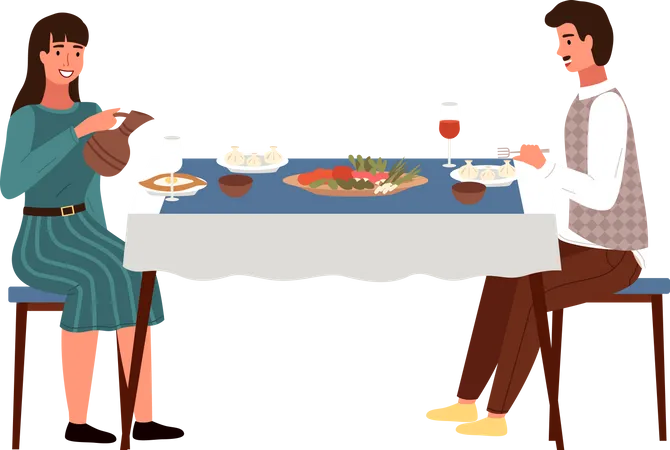 Couple eating georgian food  Illustration