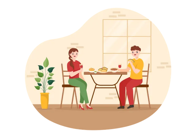 Couple eating mexican food at restaurant Illustration