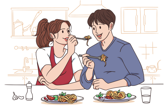 Couple eating noodles together  Illustration