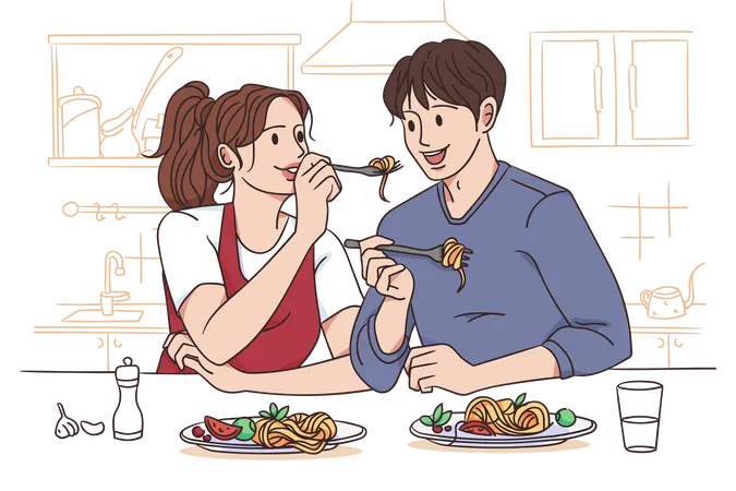 Couple eating noodles together  Illustration