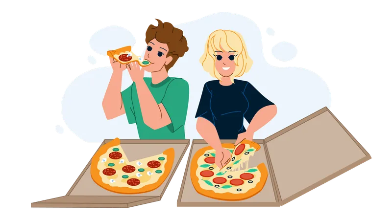 Couple Eating Pizza Vector Food Fun Home Happy Eating Man Young Eat Girl Woman Dinner Italian Couple Eating Pizza Character People Flat Cartoon Illustration Illustration