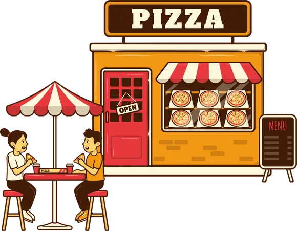 Couple eating pizza at cafe  Illustration