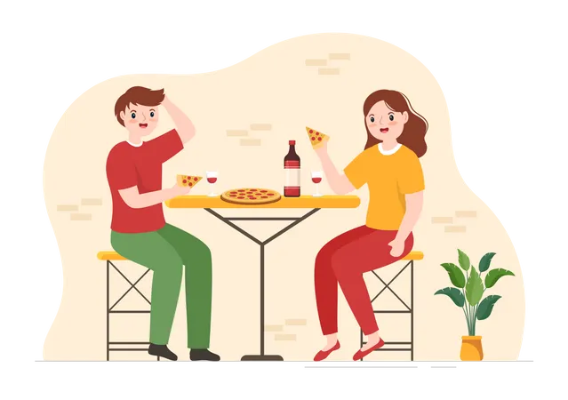 Couple eating pizza at Italian cafe  Illustration