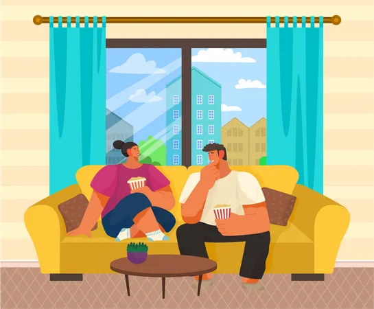Couple eating popcorn and watching movie  Illustration