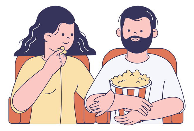 Couple Eating Popcorn at Movie Theater  Illustration