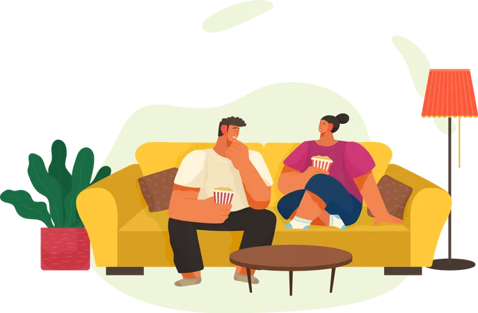 Couple eating popcorn while sitting on couch  Illustration