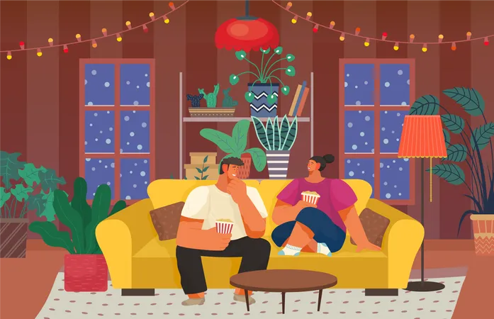 Couple eating popcorn while spending night at home  Illustration