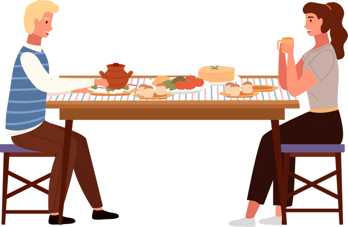 People On A Date Flat Vector Illustration Dining Table With Borsch Pancakes And Buns Couple Eating Russian Food Isolated On White Background Characters In Relationship Are Communicating Together Illustration