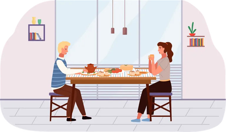 People On A Date Flat Vector Illustration Dining Table With Borsch Pancakes And Buns Arrangement Of Furniture Couple Is Eating Russian Food Characters In Relationship Are Communicating At Home Illustration