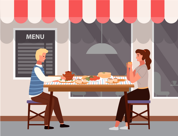 Couple eating russian food in cafe  イラスト