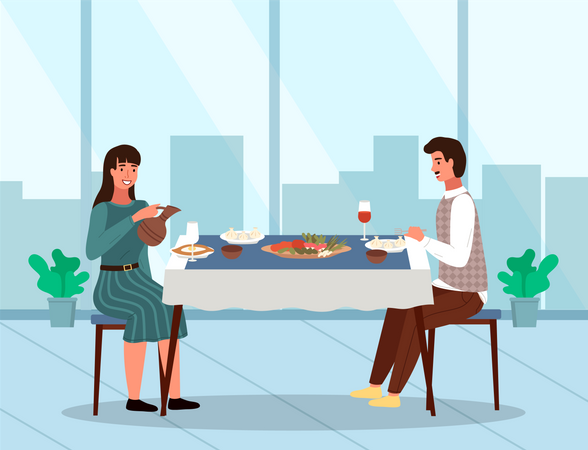 Couple eating traditional georgian food in Georgian restaurant  Illustration