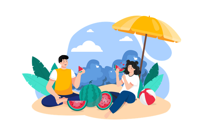Couple eating watermelon at beach Illustration