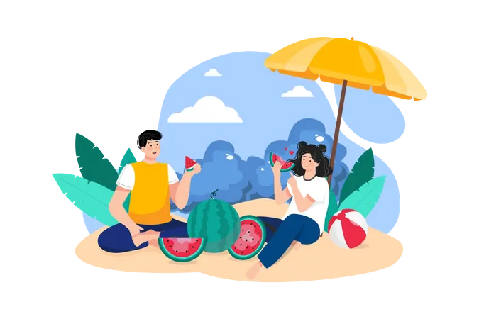 Couple eating watermelon at beach Illustration