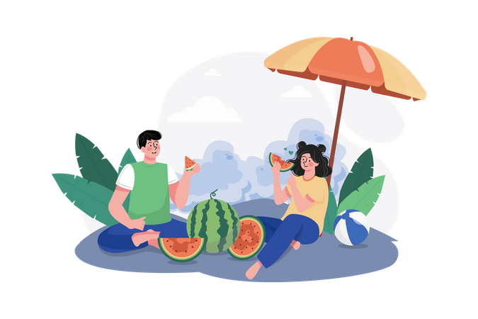 Couple eating watermelon at beach  Illustration