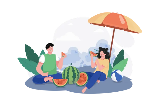 Couple eating watermelon at beach  イラスト