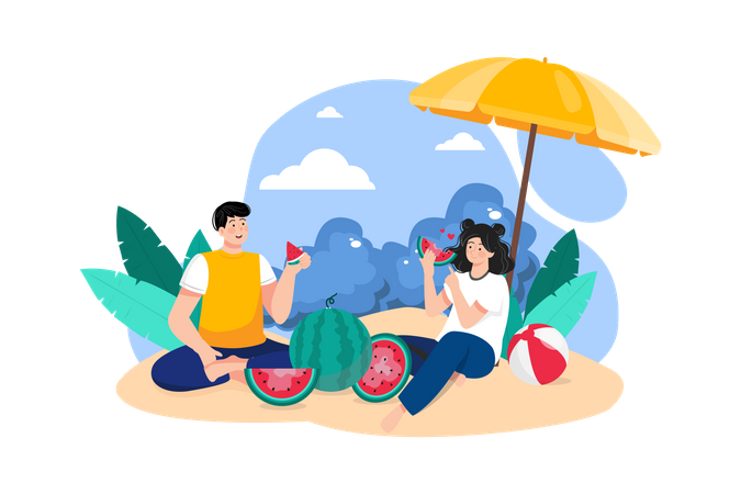 Couple eating watermelon at beach  Illustration