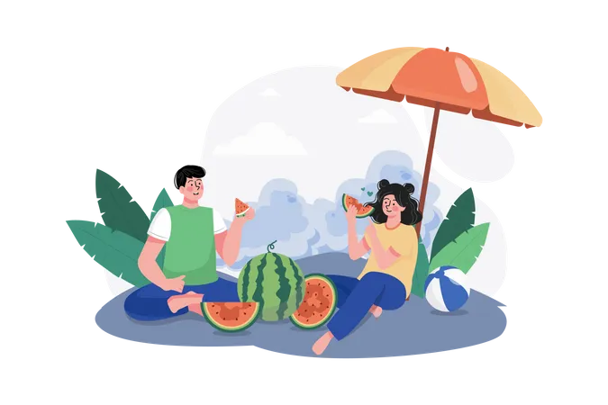 Couple eating watermelon at beach  Illustration