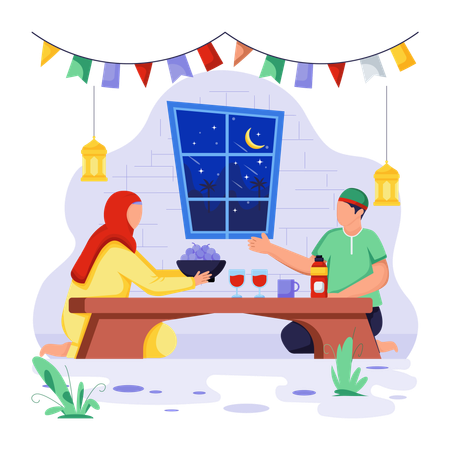 Couple eats food in Iftar time  Illustration