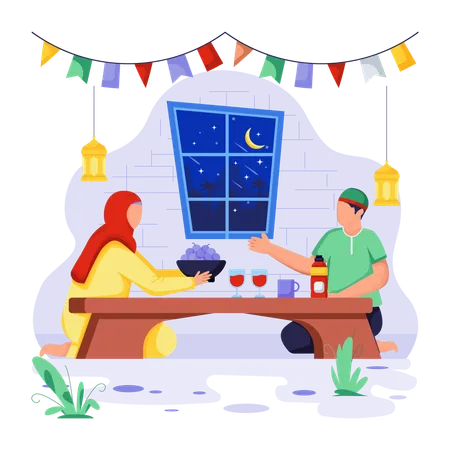 Couple eats food in Iftar time  Illustration