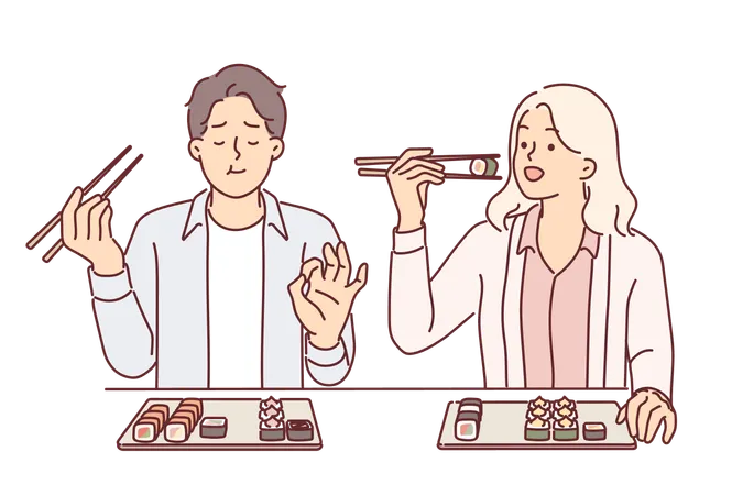Couple Eats Sushi At Japanese Restaurant Enjoying Maki Rolls With Fresh Fish And Rice Man And Woman Sit At Table And Use Chopsticks To Enjoy Taste Of Rolls During Date In Asian Cafe イラスト