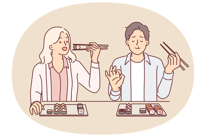 カップルが日本食レストランで寿司を食べ、新鮮な魚とご飯の巻き寿司を味わう  イラスト