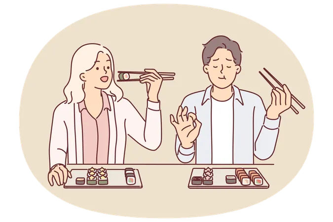 カップルが日本食レストランで寿司を食べ、新鮮な魚とご飯の巻き寿司を味わう  イラスト