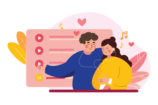 Couple écoutant la chanson de la Saint-Valentin ensemble  Illustration
