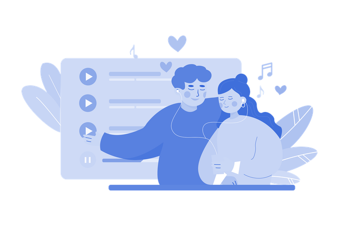 Couple écoutant la chanson de la Saint-Valentin ensemble  Illustration