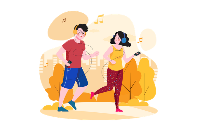 Couple écoutant le podcast en faisant du jogging dans le parc  Illustration