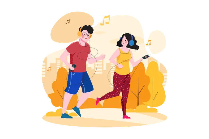 Couple écoutant le podcast en faisant du jogging dans le parc  Illustration