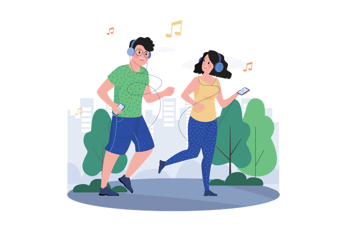 Couple écoutant le podcast en faisant du jogging dans le parc  Illustration